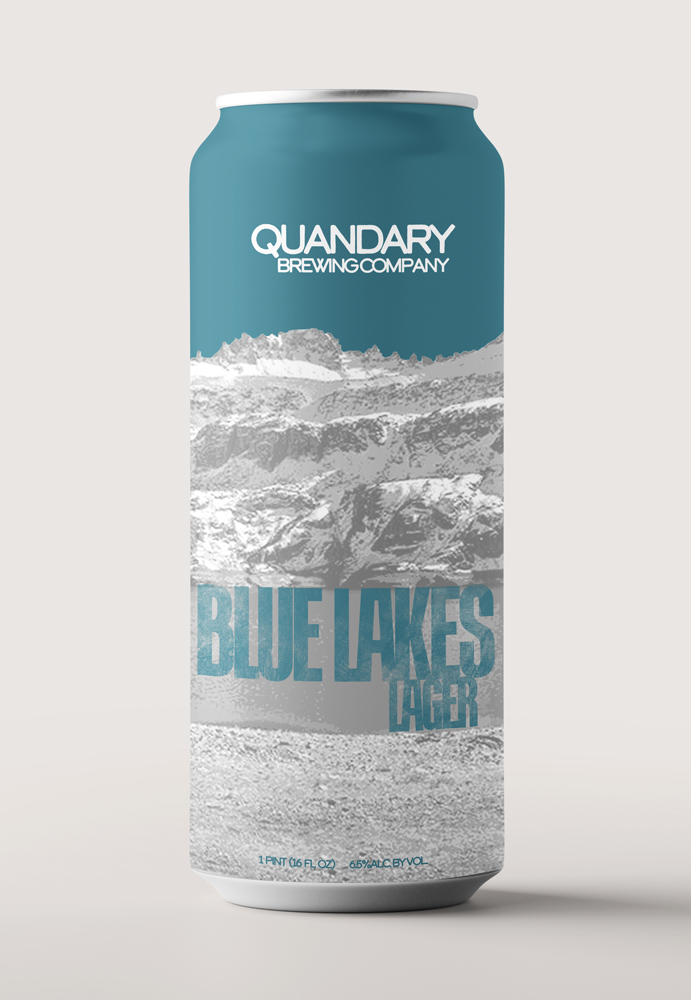 Can label design for Blue Lakes Lager by Quandary Brewing.  Label is blue with a stylized image of Blue Lakes near Telluride, CO
