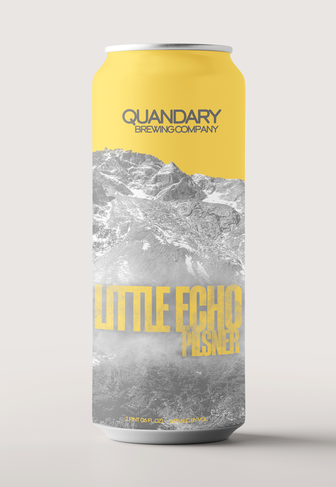 Can label design for Little Echo Pilsner by Quandary Brewing.  Label is yellow with a stylized image of Little Echo Lake in Colorado