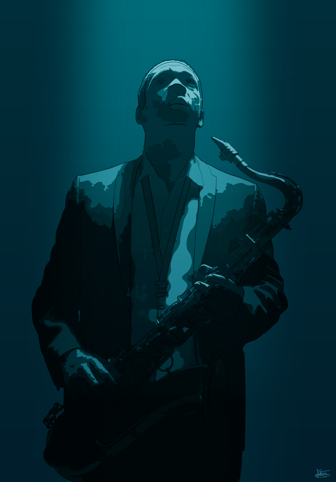 A colorful illustrated vector photo of jazz saxophonist John Coltrane.